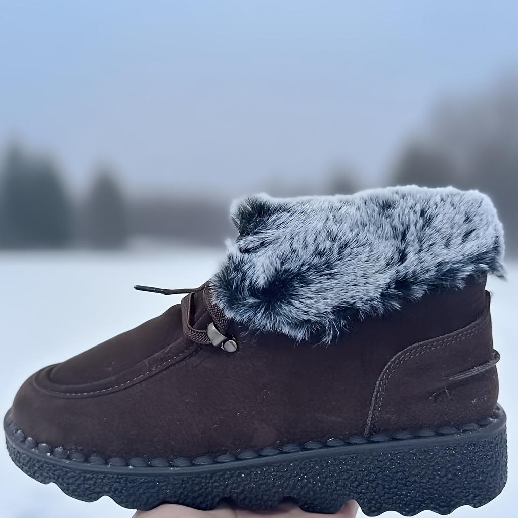 Women'S Winter Ankle Boots - Cozy Fleece-Lined Round Toe Lace-Up Boots with Thick Sole, Black & Gray Plush Design, for Cold Weather