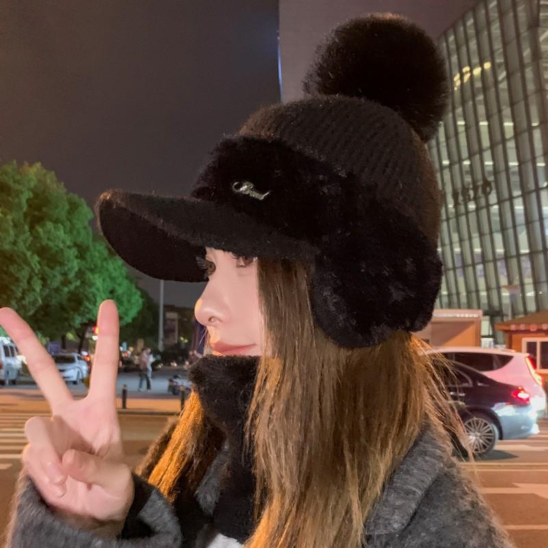 Wool Cap Women's Winter Thickened Warm Face Small Plush Ear Protection Cold Riding Electric Car Baseball Cotton Hat