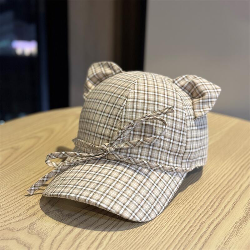 Koreanischer Stil Mode Katzenohren Baseballkappe Kariert Fliege Stil Schirmmütze Atmungsaktiv UV-Schutz Schirmmütze Unisex Outdoor