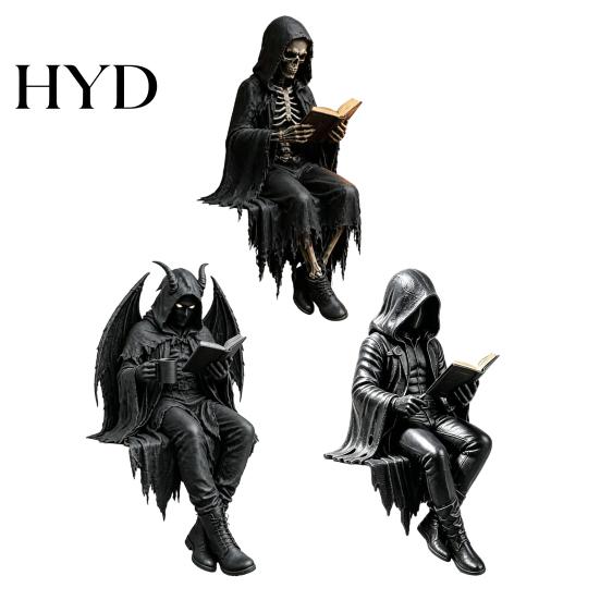 Halloween-Figur Harz Gotisch Dark Fantasy Figur, Lesender Kapuzen-Sensenmann Statue, Skelett Statue Sitzend für Bücherregal Heimdeko