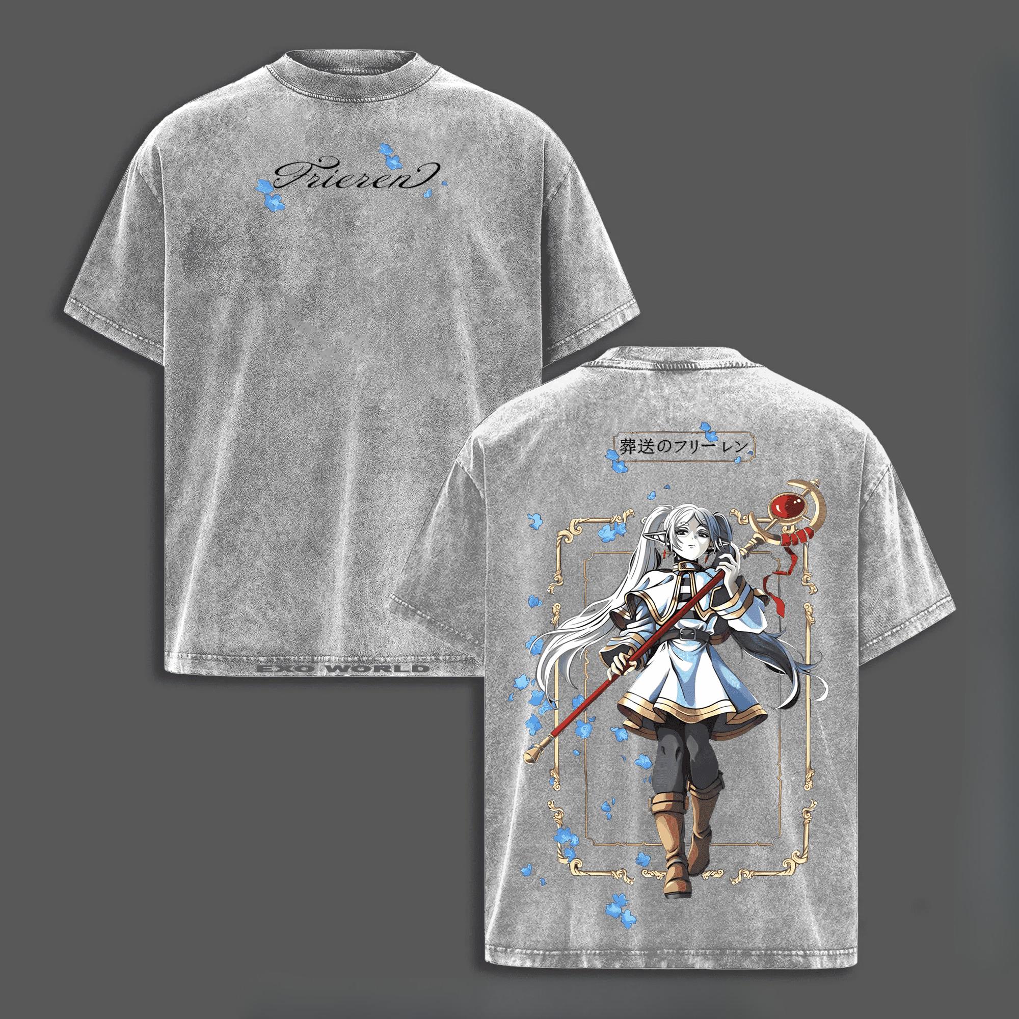 

Anime Frieren Printed T Shirt Harajuku Vintage Y2k Washed T-shirt Casual Short Sleeve 100% Cotton Tees Tops Men Unisex Clothing S серый