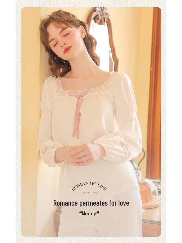 Women's Embroidered Lace Cotton Pajamas - Long Sleeve French Court Style for Spring and Autumn