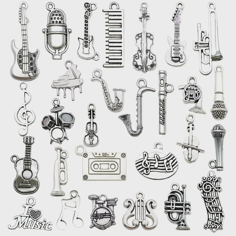 Mixed 30-Piece Musical Instrument Alloy Pendant Set with Guitar, Notes, and Mini Music Jewelry Accessories