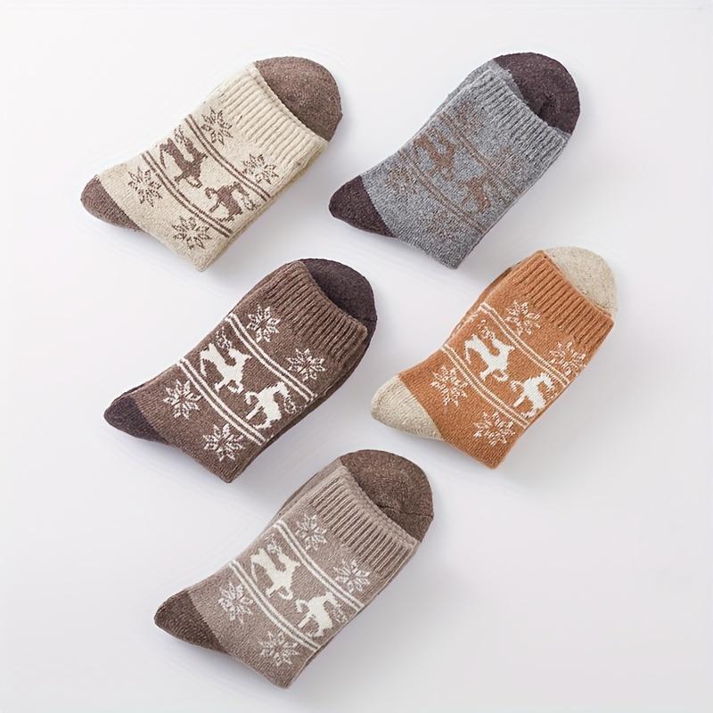 5 Pairs Women Thermal Wool Winter Socks - Christmas Reindeer & Snowflake Design, Thick Warm Mid-Calf Elegant Casual Socks, Comfortable Sock Material