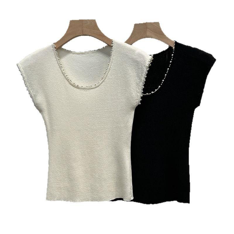 Knitted sweater vest vest women's summer thin slim fit thin bottoming shirt temperament beaded sleeveless top women