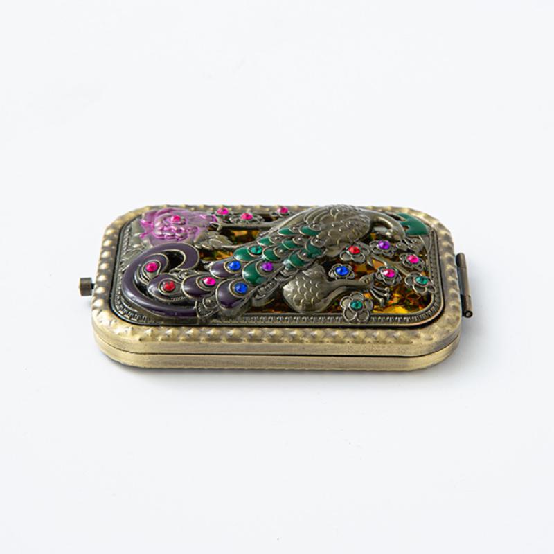Foldable Retro Handheld Makeup Mirror Peacock Printed Compact Pocket Mirror Double Sided Rectangular Makeup Dressing Mirror