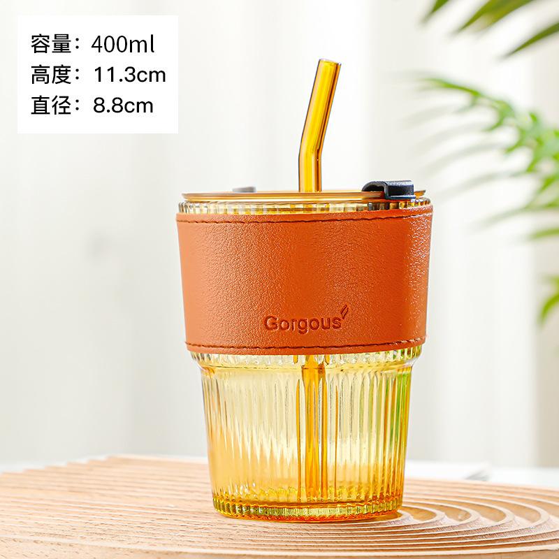 400ml Stripe Glass Cup Transparent Glasses With Lid and Straw Ice Coffee Mug Tea Cup Juice Glass Milk Water Cup Drinkware