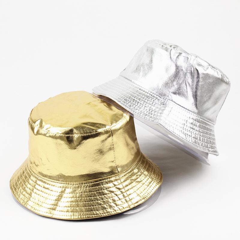 Reversible Punk Basin Hat - Trendy Foldable Fisherman Cap with Shiny Golden Silvery Finish, Adjustable Strap for Unisex Adults