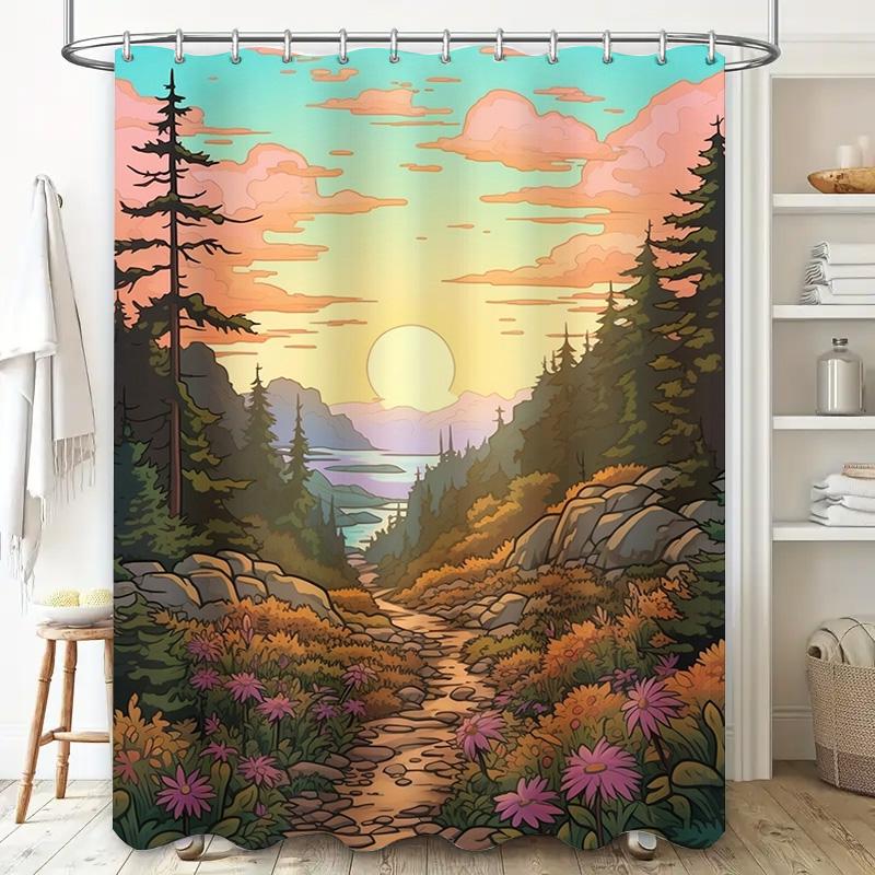 Sunset Forest Trail Shower Curtain With Mountain Lake Scenery Multicolor Floral Design For Bathroom Decor Wall Hangings Bath Lin