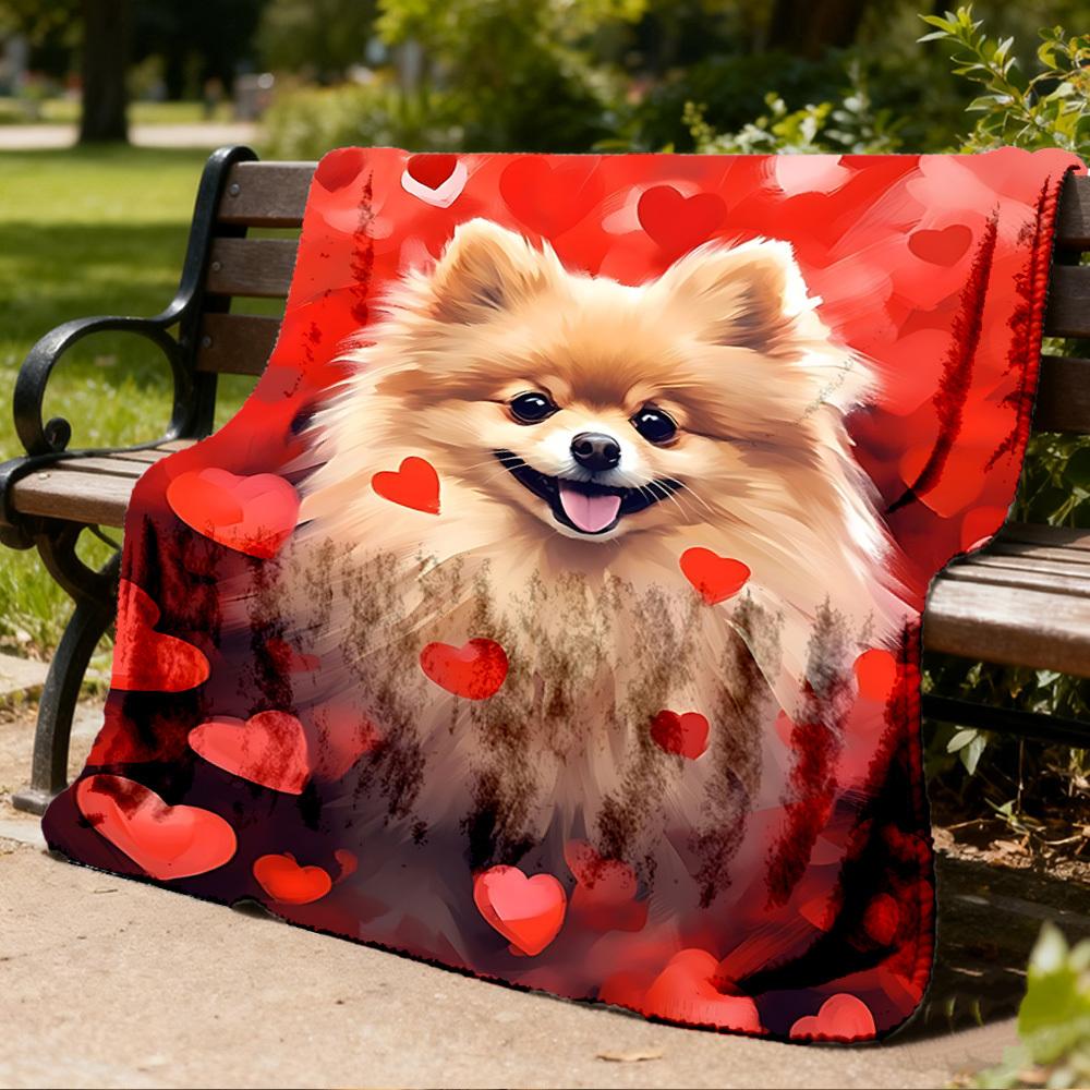 1pc Pomeranian Love Hearts Outdoor Flannel Blanket , Machine Washable Perfect Gift for Birthday , Holiday Travel Accessory , Durable Material