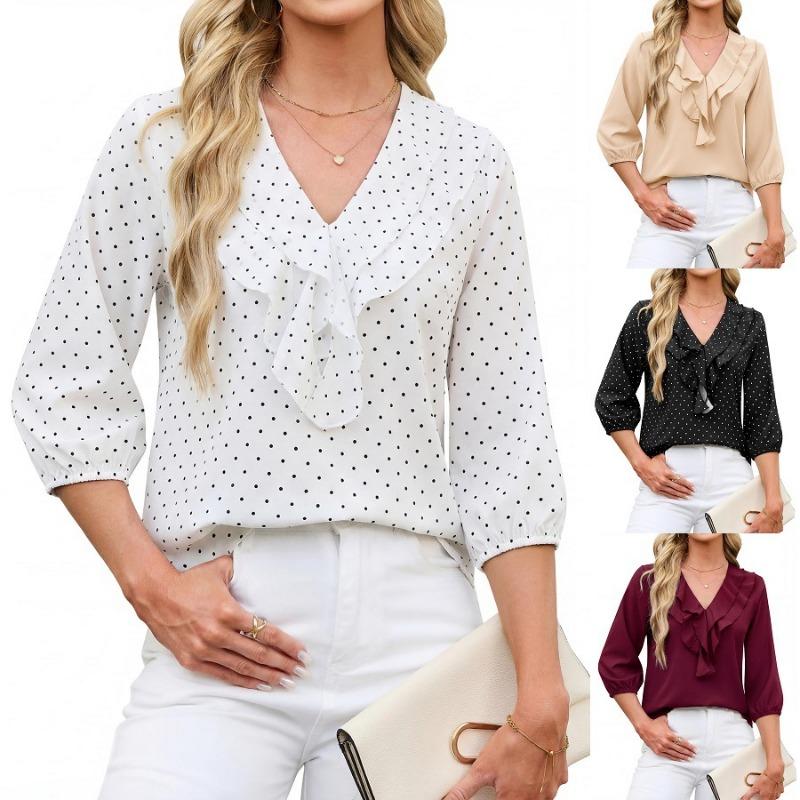 Womens Ruffled V Neck Three Quarter Sleeve Polka Dot Chiffon Blouse