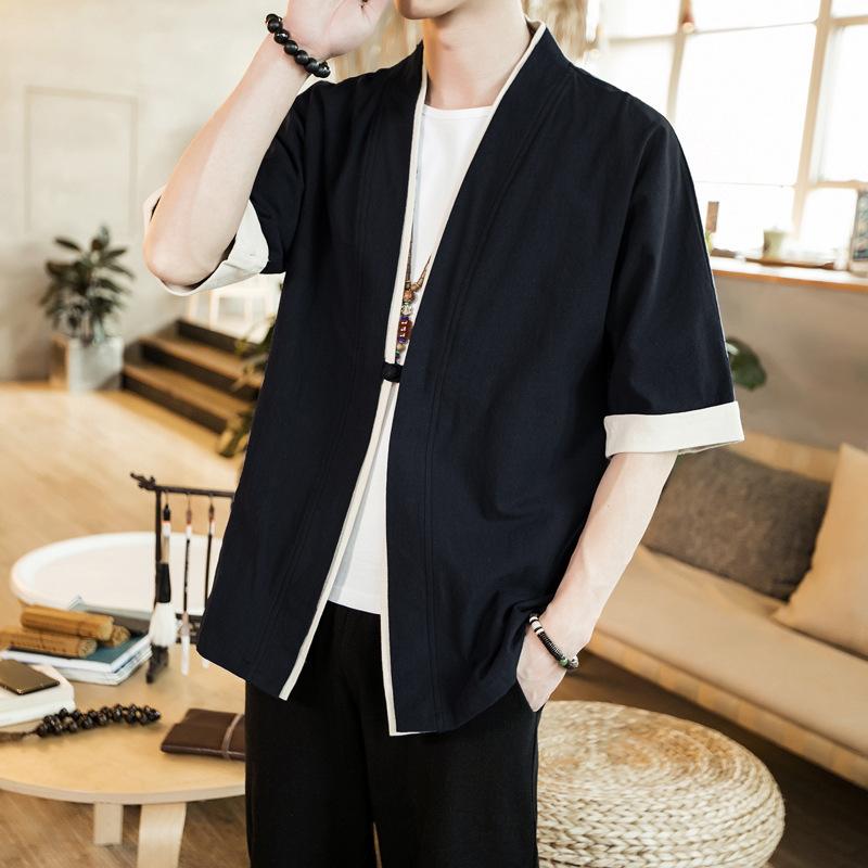 Summer Men's Kimono Jackets Cardigan Lightweight Casual Cotton Blends Linen Seven Sleeves Open Front Hanfu Coat