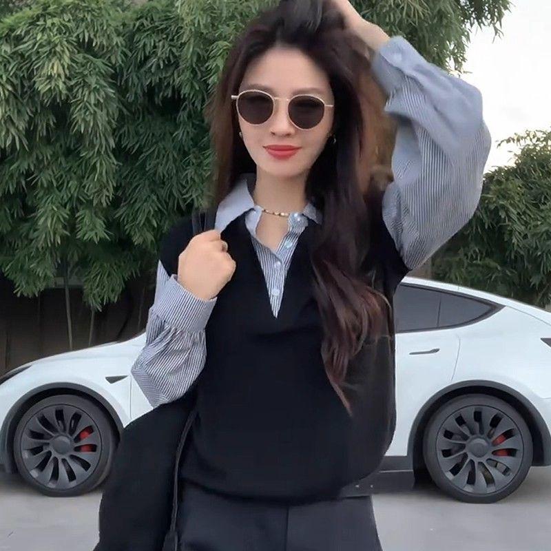 Simple Style Knitted Patchwork Pullover Shirt for Women in Winter, New Style, Slim-fitting, Flattering, Stylish and Versatile Top.