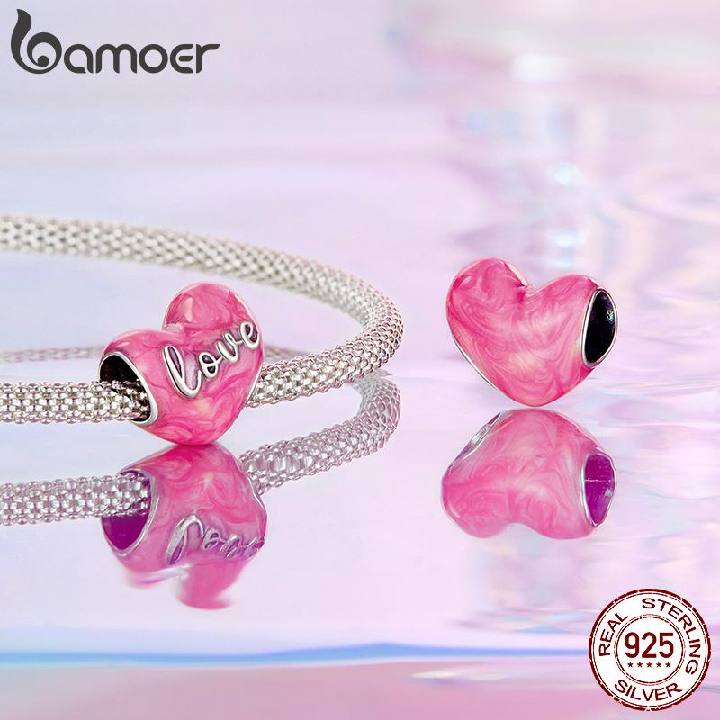 AMOER Solid 925 Srebro Sterling Różowe Serce Charm Koralik pasuje Oryginalna Bransoletka i Naszyjniki Biżuteria Bamoer Infinity Love Charm