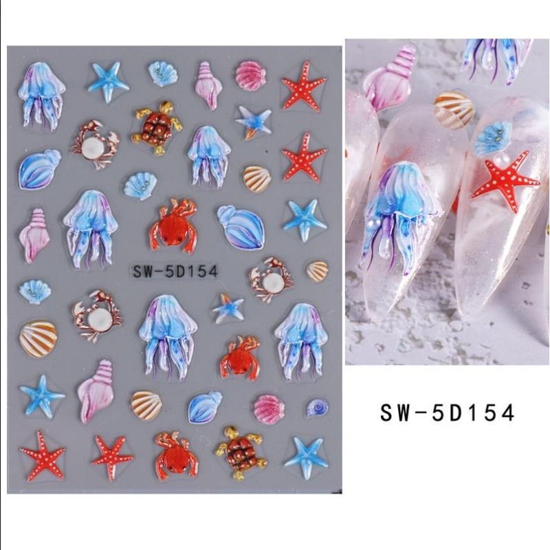 Jellyfish Summer Beach Nail Stickers Colorful Shell Starfish Conch Fish Adhesive Sliders Embossed Decals Manicure Foils Decor