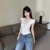 New slim and thin pure lust Spice Girl lace edge splicing v-neck short-sleeved t-shirt women's summer temperament kink top