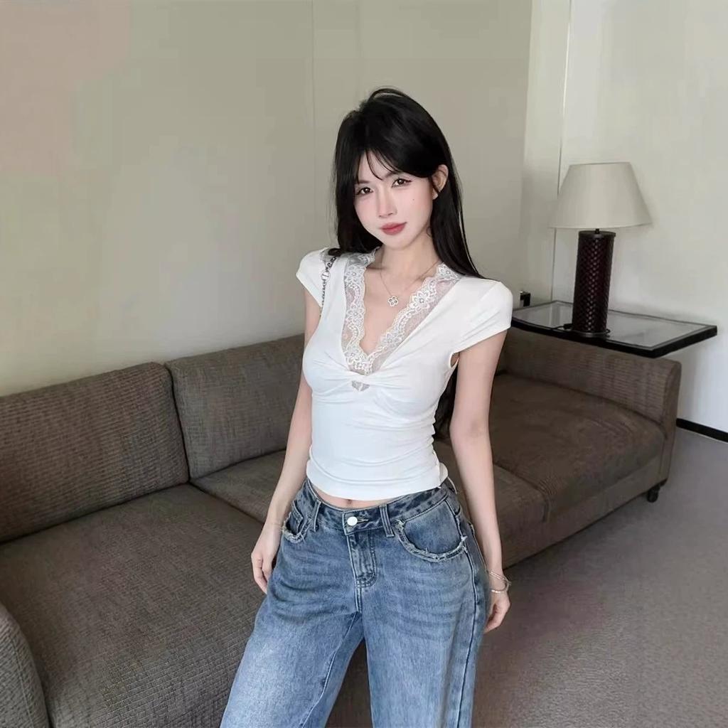 New slim and thin pure lust Spice Girl lace edge splicing v-neck short-sleeved t-shirt women's summer temperament kink top