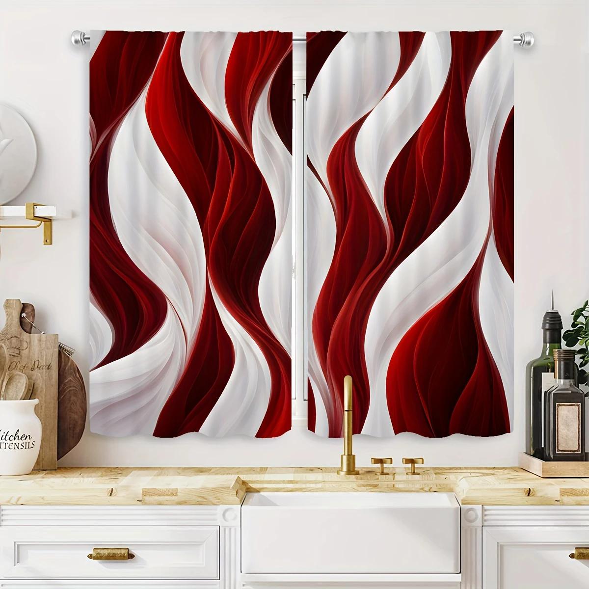 Baifenbai Home Furnishing Red/White Elegant And Abstract Wave-Printed Curtains, Pole Bag Curtains, Home Decoration, Room Decoration