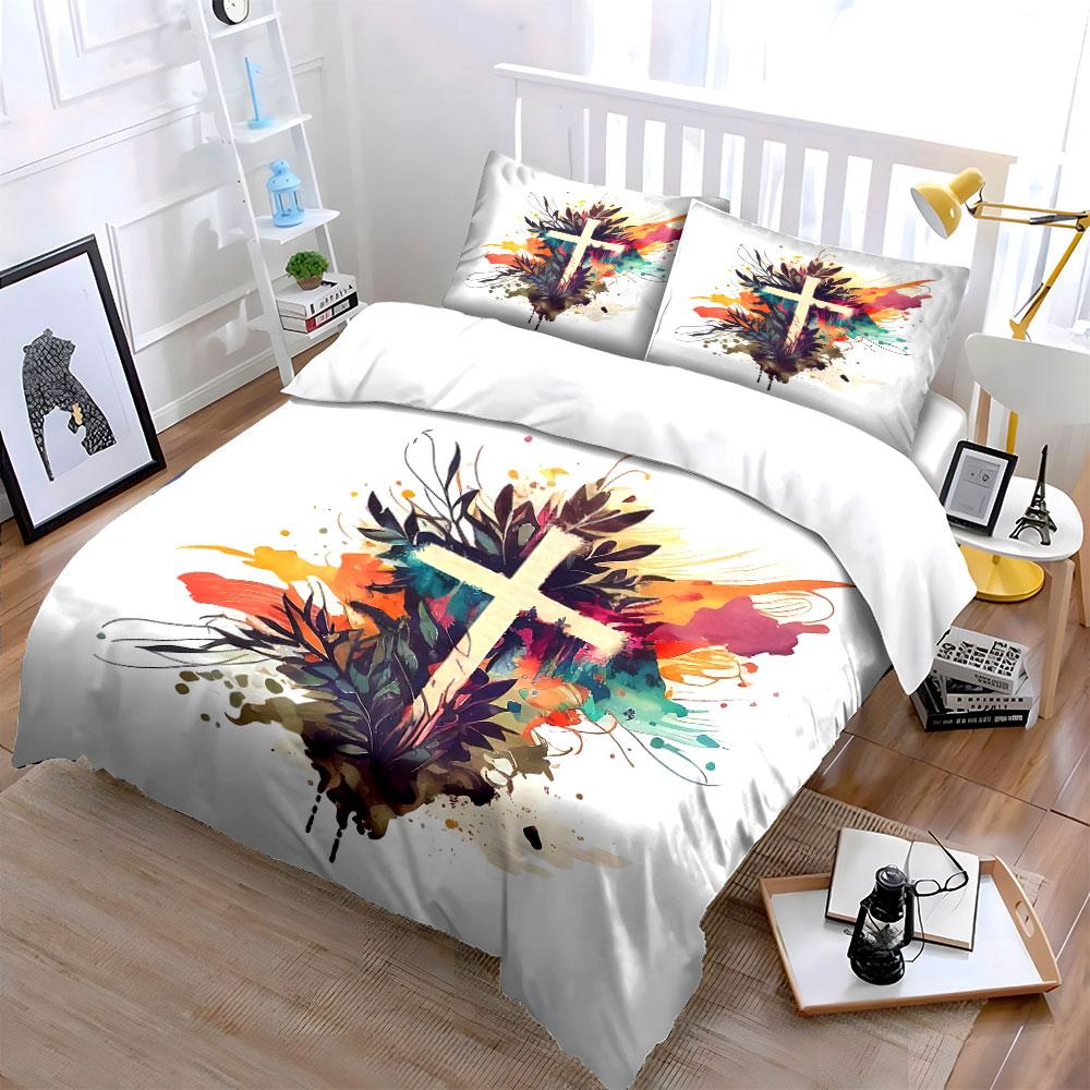 Abstract Cross with Floral Art Bedding Duvet Cover Set Duvet Cover Pillowcases (1*Duvet Cover 2*Pillowcases, Without Duvet Insert)