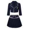 Women Halloween Cosplay Outfit Lapel Collar 3/4 Sleeve Cropped Blazer Jacket and Side Zip Skirt Set for Themed Party Stage