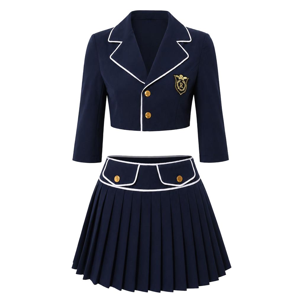 Women Halloween Cosplay Outfit Lapel Collar 3/4 Sleeve Cropped Blazer Jacket and Side Zip Skirt Set for Themed Party Stage