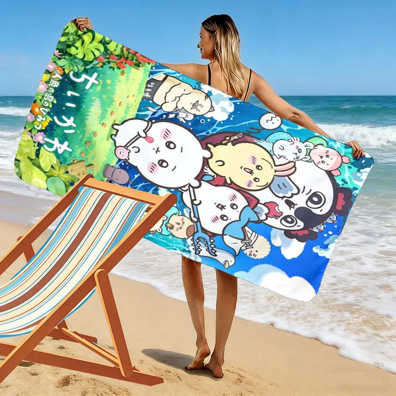 Anime Chiikawa Print Beach Towel, Large Soft Quick Dry Towel for Beach Camping Swimming