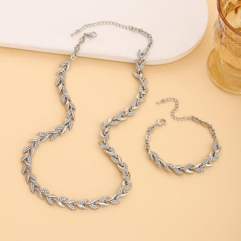 Elegant Leaf-Inspired Rhinestone Necklace Bracelet Set Women Gold Rose White Zinc Alloy Jewelry Party Occasion