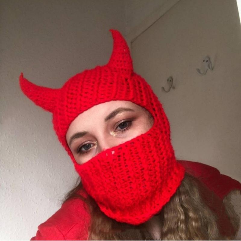 Novelty Devil Horn Face Cover Hat Knit Balaclava Cap for Women Men Winter Warm Hat Adult Halloween Costume Role Play Cap