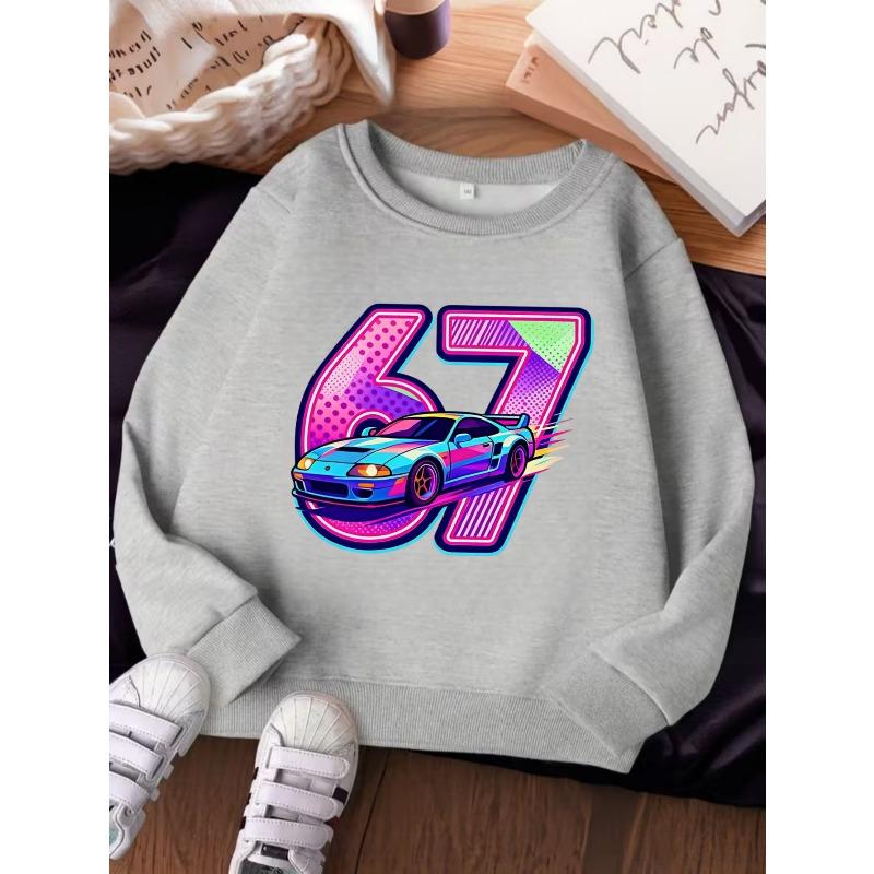Unisex Kids Crewneck Sweatshirt For Over 4 Years Old Boys Girls Colorful Racing Sports Car Number 67 Soft Long Sleeve Pullover Top For 4-12 Children