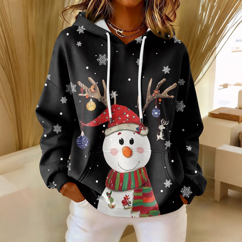Women's Loose Comfortable Casual Fashion V-Neck Christmas Print Long Sleeve Hoodie