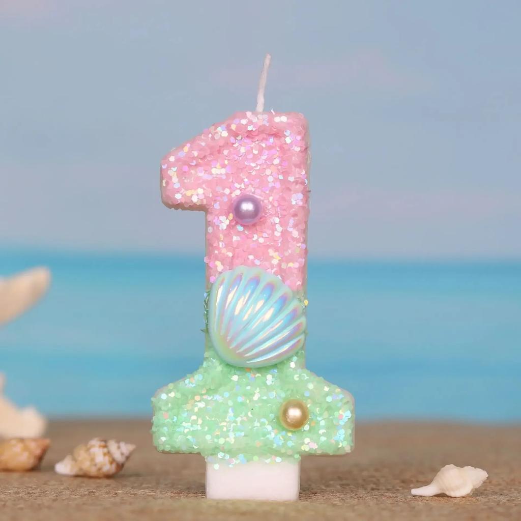 Ocean Mermaid Cake Candles Number 0-9 Number Candle Pink Green Cake Topper Candles Girls Birthday Party Cake Decoration Supplies