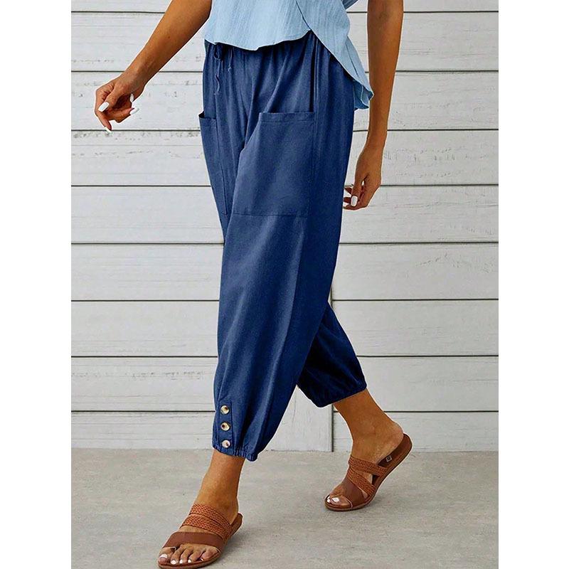 2026 Loose High-Waisted Buttoned Cotton Linen Wide-Leg Nine-Point Women's Pants