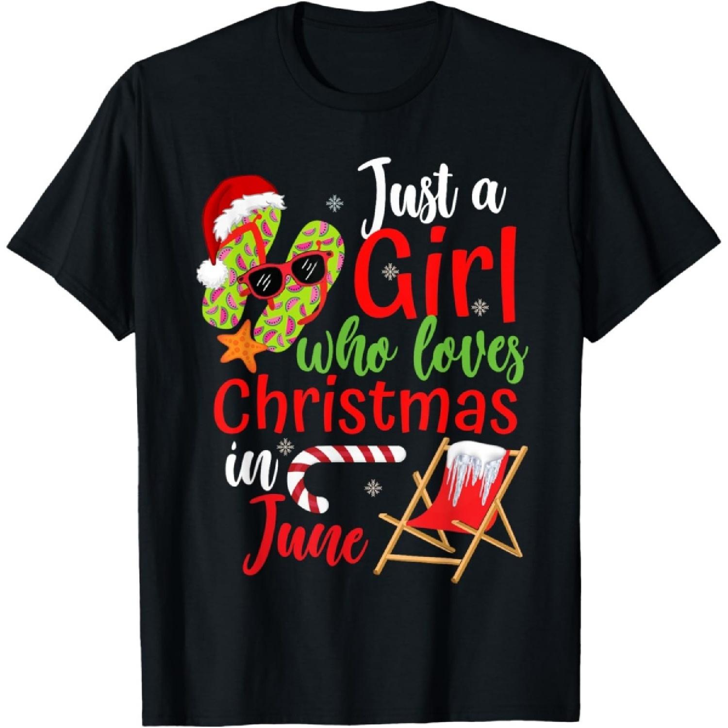 Girl who loves Christmas in June gift Santa Claus hat T-Shirt S