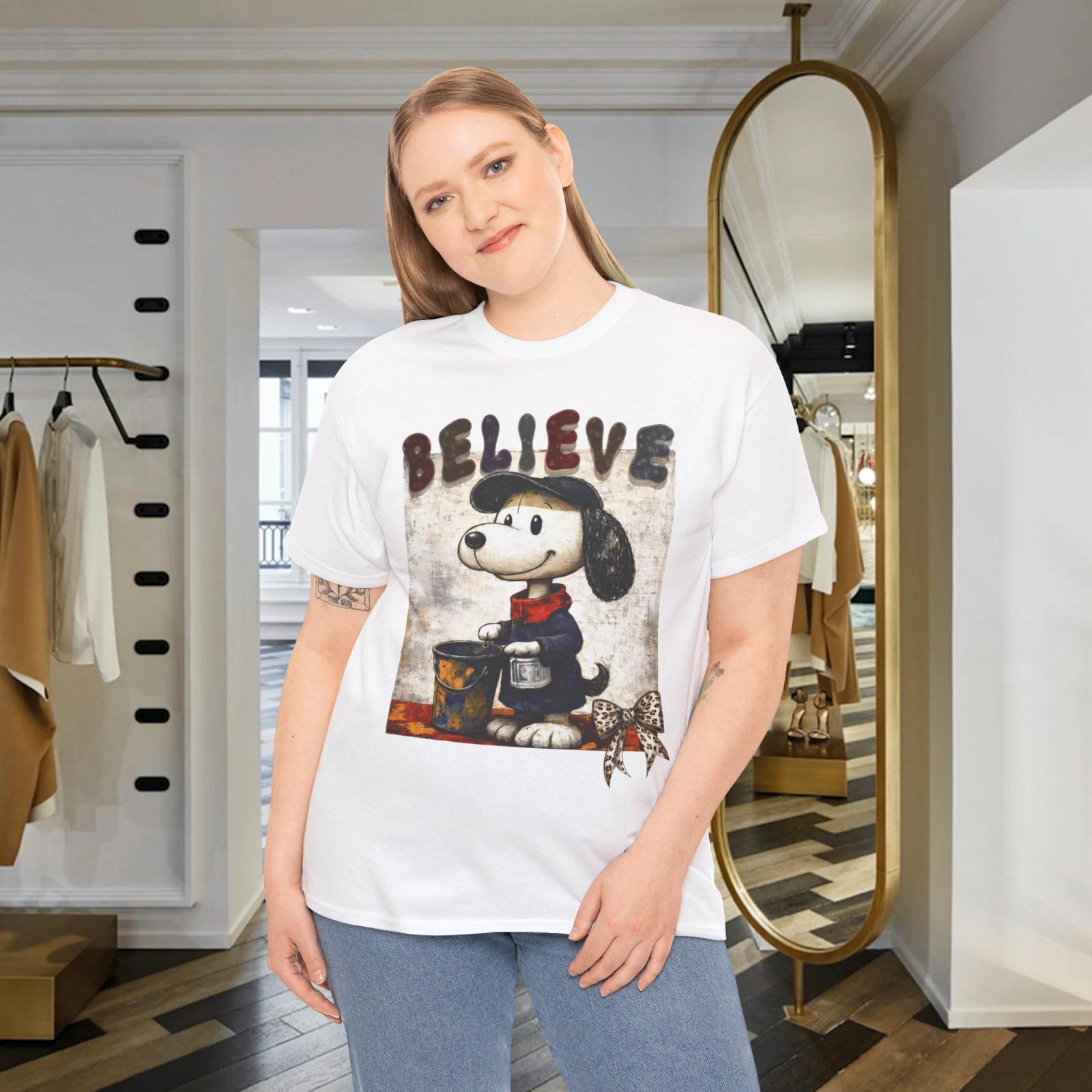 

Believe Happiness Cute Dog T Shirt Inspirational Graphic Tee L