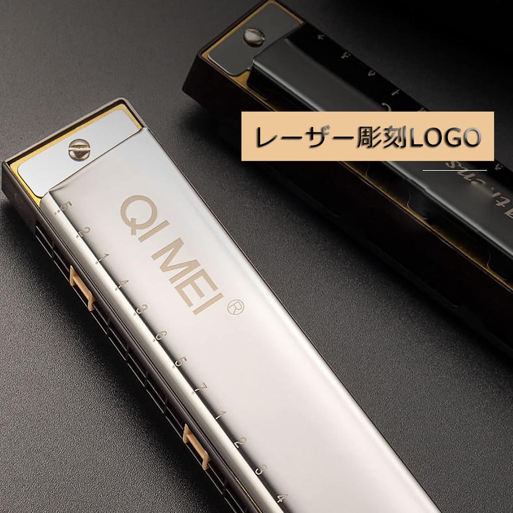 QIMEI Blues 28 Stainless C Set Case for Beginners and Advanced Players 24 Harmonica, 10, 24, Holes, Steel, Key, Airtight, (Gold, Holes)