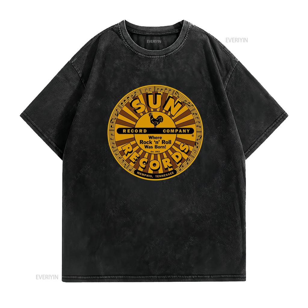 Sun Records Full Circle Unisexs T Shirt Rock And Roll Classic Band New Black vintage Washed Casual Stylish graphic Stretched