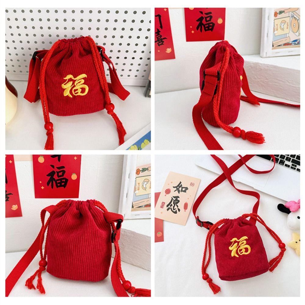 Chinese Style New Year Drawstring Bag Crossbody Fu Embroidered Bag Kid's Bag