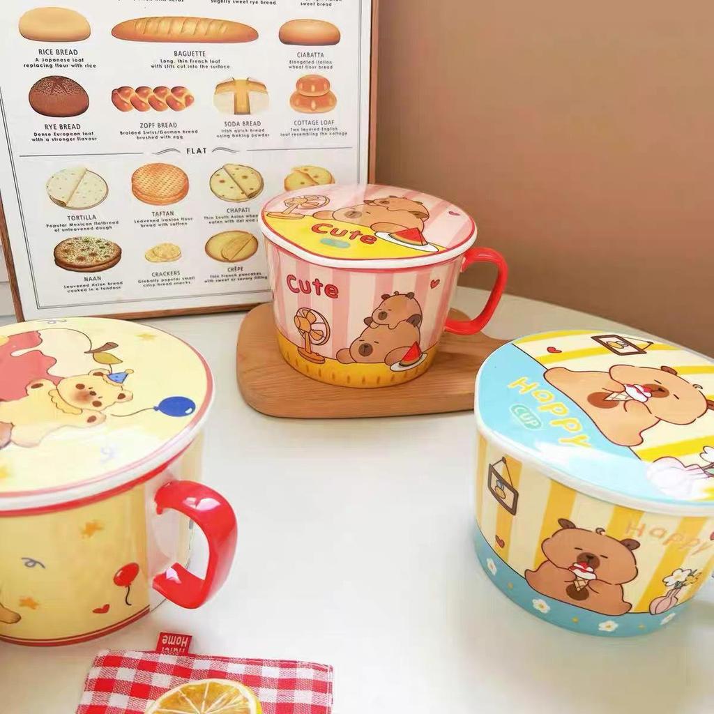 Cartoon Instant Noodle Bowl with Lid and Drain, Large Capacity, Cute Lunch Box for Students