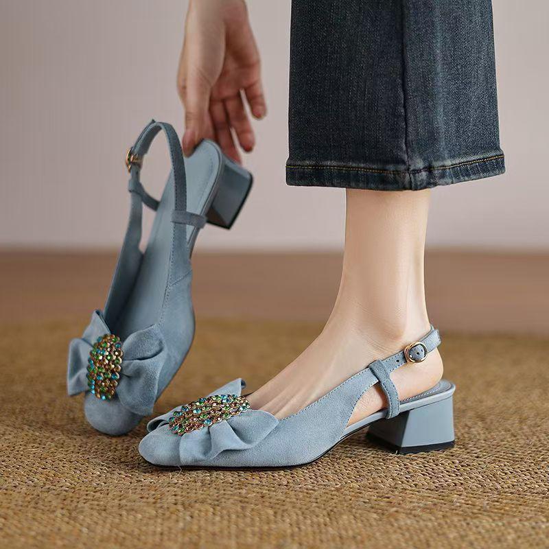 Женские босоножки на массивном каблуке с открытым носком и бантом - без задника из мягкой кожи на среднем каблуке для комфорта весной и летом Size 37 1990₽