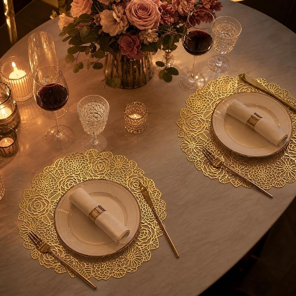 Round Heat Resistant Placemat 38cm Floral Laser Cut Design Durable Non-Slip Table Mat for Dining Kitchen Use