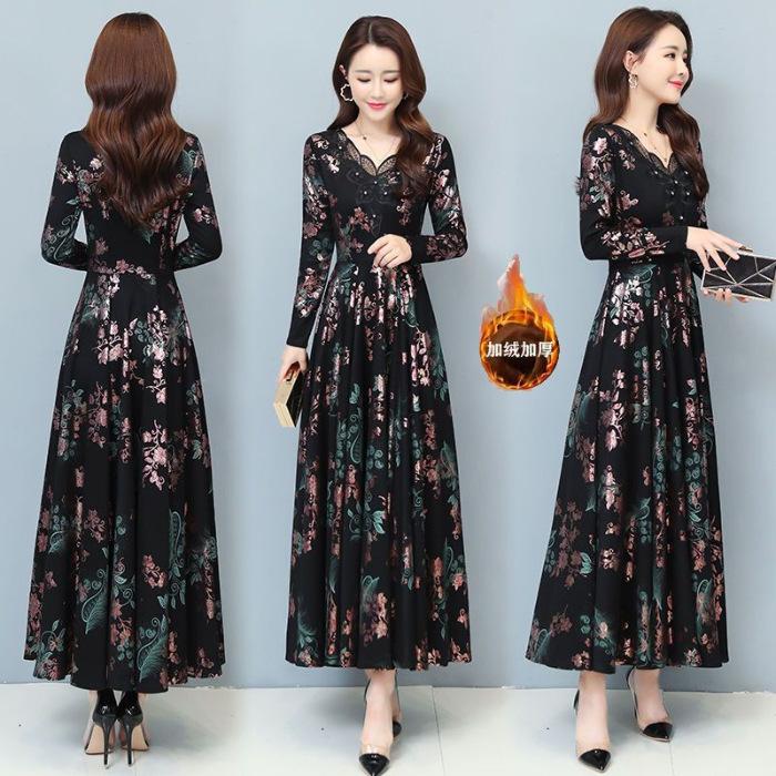 

Imitation super velvet thickened mother dress autumn and winter long-sleeved dress foreign style middle-aged and elderly long fashion skirt 5XL