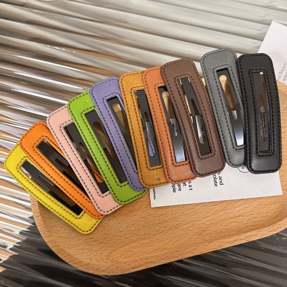 

Candy Color Square Leather Hair Clip Pu Leather Side Clip Sweet Girl Hairpin Travel L