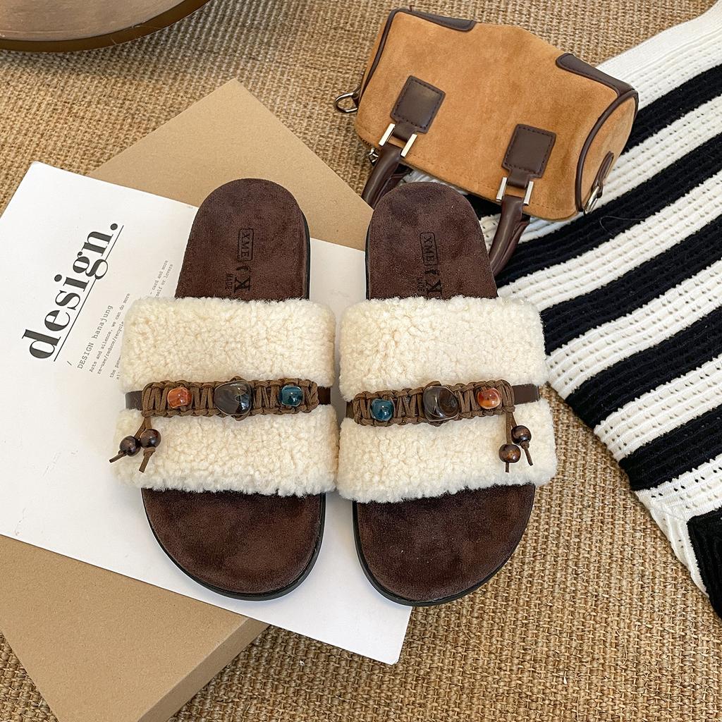 White high-end retro thick-soled heightening fluffy slippers for women's outer wear 2025 new autumn and winter with skirts cotton slippers