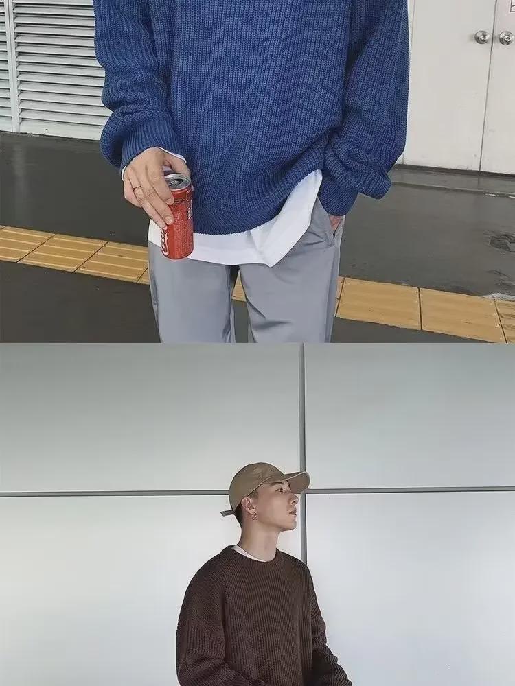 Pánský svetr volného střihu v korejském stylu: Ležérní retro trend, kulatý výstřih, jednobarevný, pletený top na podzim/zimu.