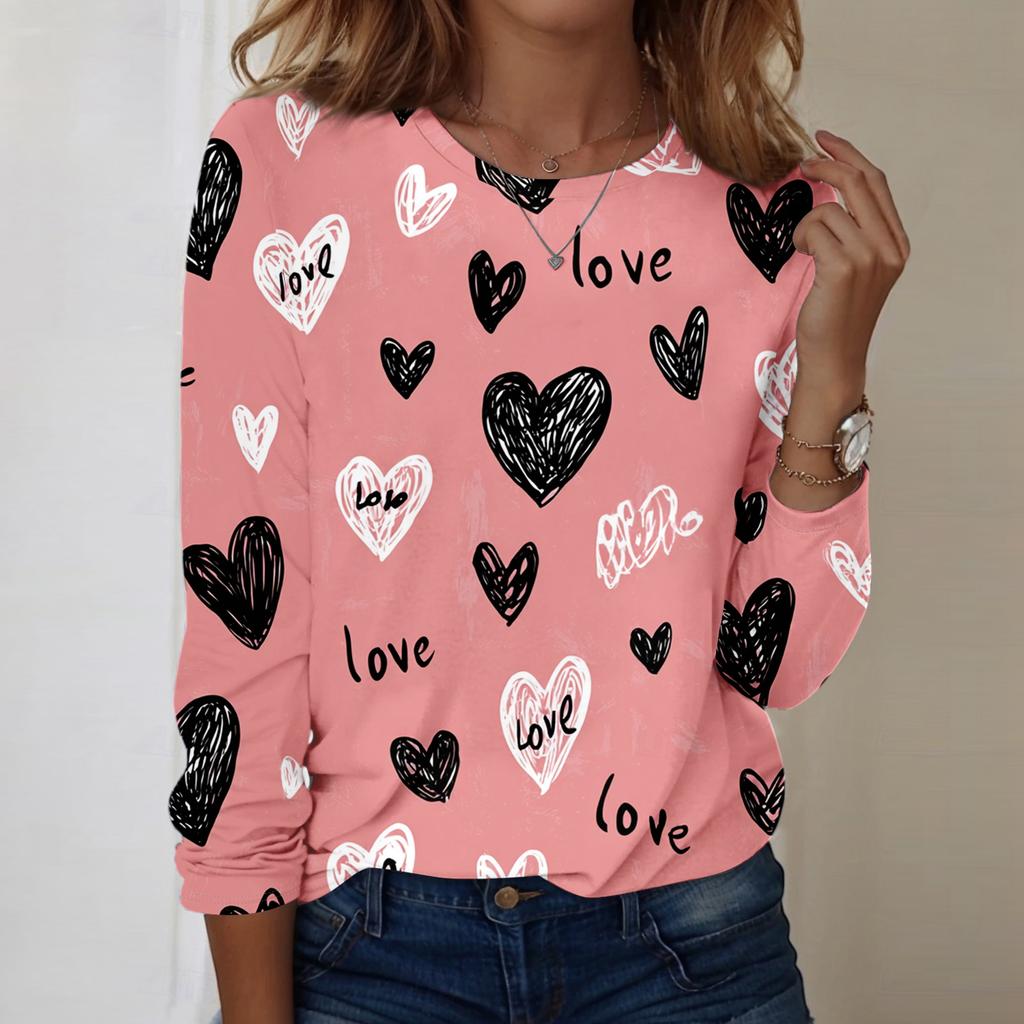 Women's Heart,shaped Printed Round,neck Loose Long,sleeved Top
