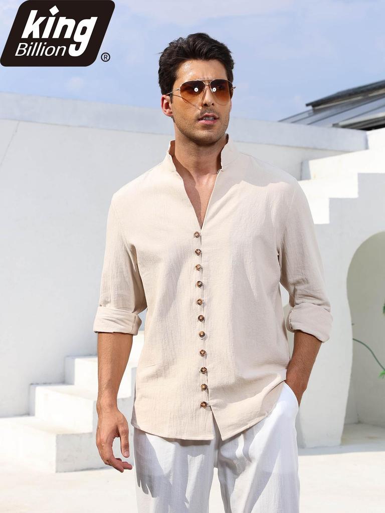 Men's Linen Cotton Blend Long Sleeve Shirt - Stylish Single Breasted Henley Neck Casual Tops for Daily Wear