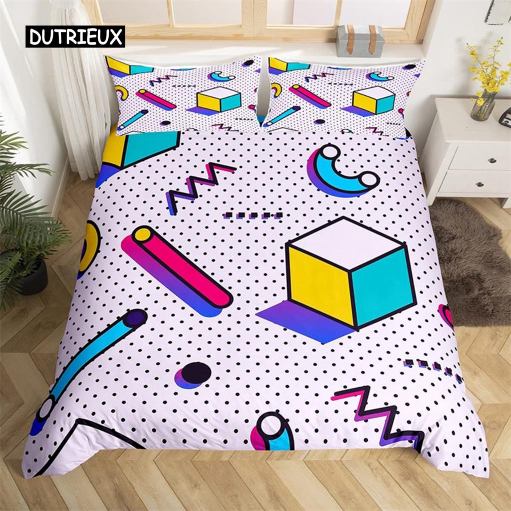 Zestaw pościeli w stylu retro lat 80. Rozmiar Twin King Wzór abstrakcyjny geometryczny Zestaw poszwy na kołdrę Mikrofibra Kołdra z kółkami i trójkątami