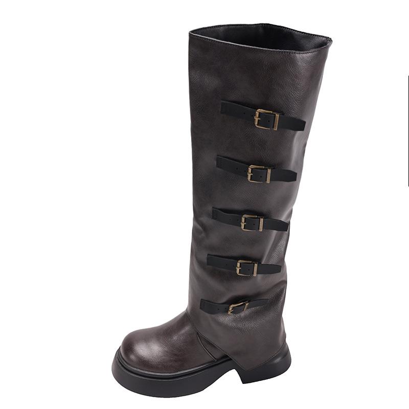 Black British style but knee thick heel platform boots women's 2025 new autumn height-increasing and thin retro boots