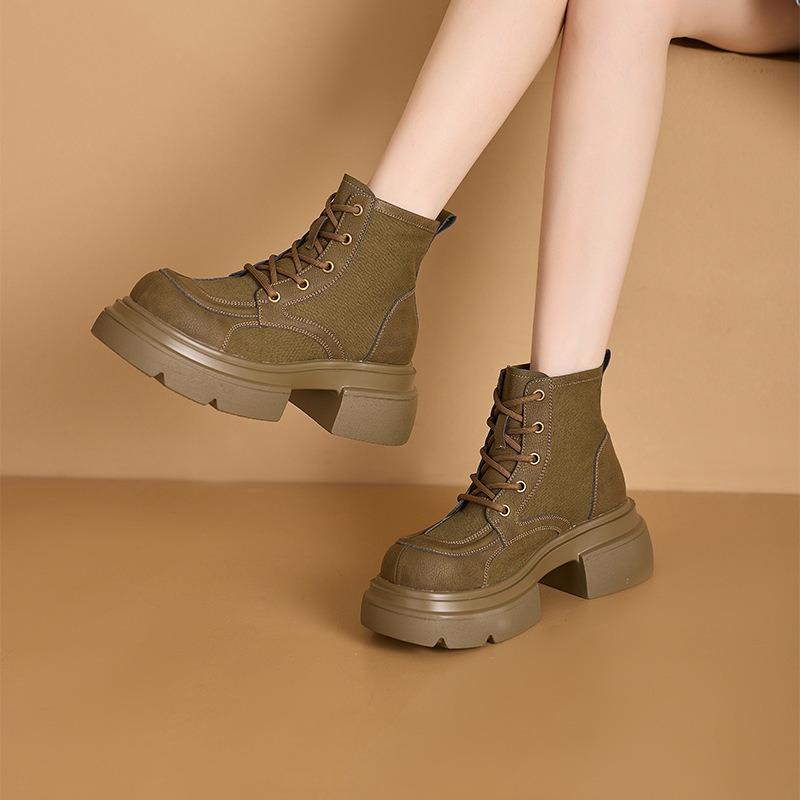 Autumn canvas splicing leather rhubarb boots women's side zipper platform Martin boots women's casual shoes