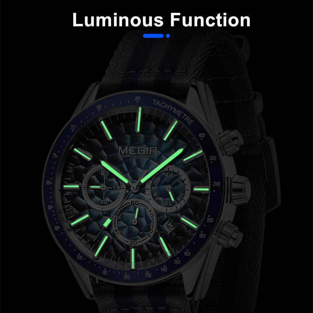 MEGIR Men's Sport Chronograph Watch, Outdoor Casual Quartz Wristwatch, 3ATM Water Resistance, Striped Canvas Band, Date Display